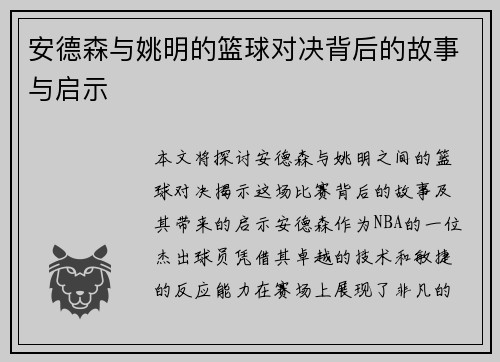 安德森与姚明的篮球对决背后的故事与启示
