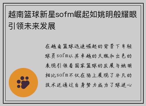 越南篮球新星sofm崛起如姚明般耀眼引领未来发展